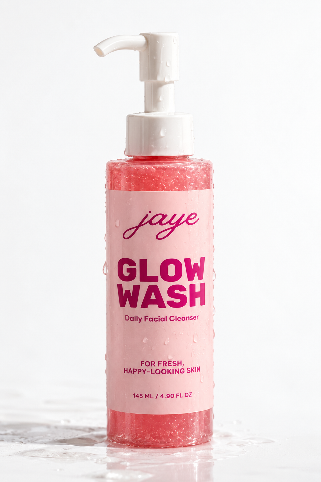 Close view of the pink Jaye Glow Wash bottle